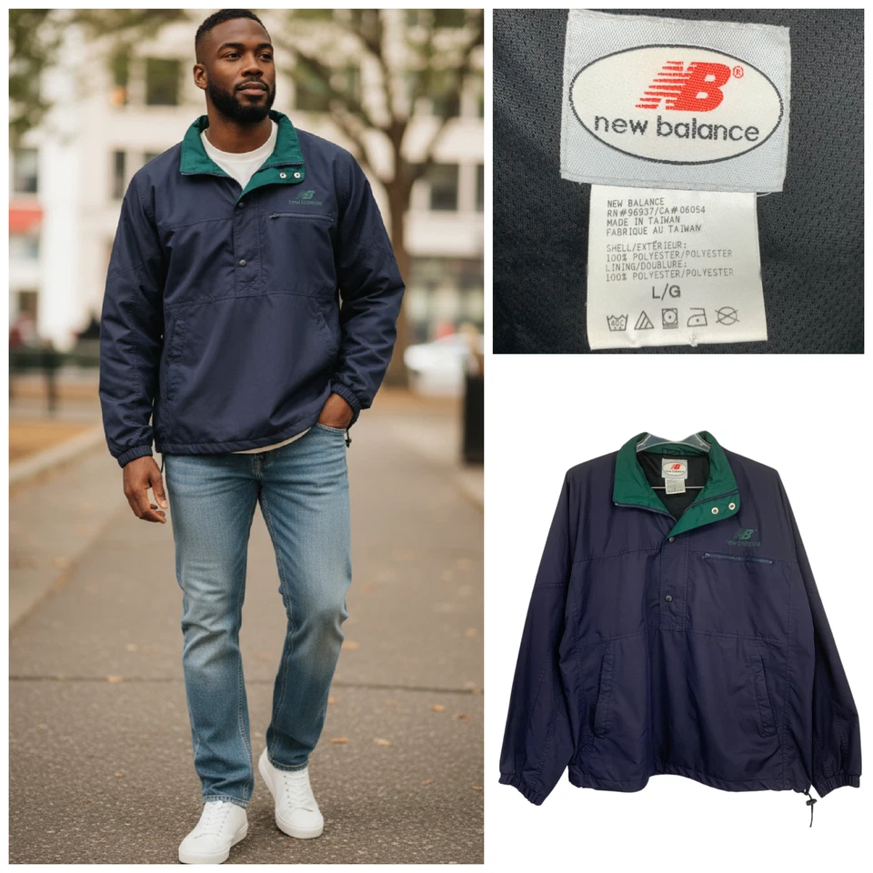 Chaqueta Pullover Vintage New Balance Stadium Talla L Azul Marino Nylon Bolsillos Ventilados Foto 1 de 4