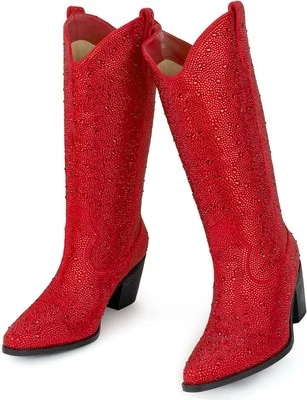 Botas de Vaquero para Mujer con Estrás Media Pantorrilla Punta Brillante Tacón Bloque...  Foto 1 de 4