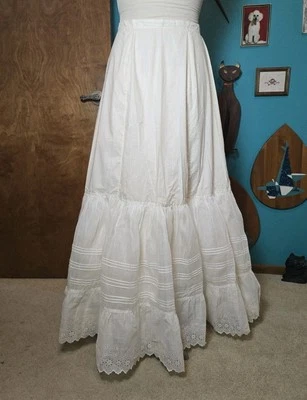 Antique Edwardian Victorian Petticoat Eyelet Tiered Cotton Boho Maxi Skirt - Image 1 of 4