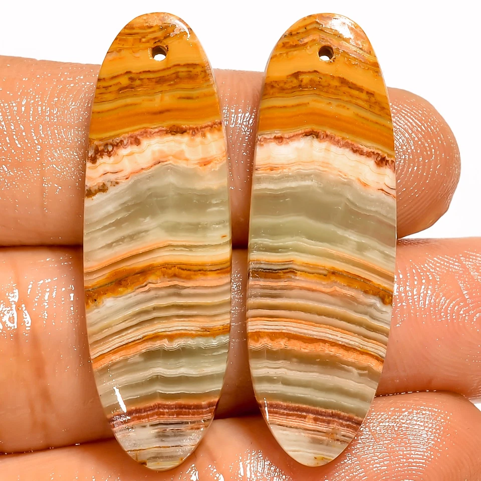 Banded Calcite Oval Cabochon Drilled Gemstone Pair 31.5 Ct 36X11X3mm DE119 - Image 1 of 1