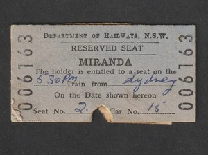 VINTAGE 1960s DEPARTMENT OF RAILWAYS NSW MIRANDA - SYDNEY RESERVED TRAIN TICKET - Foto 1 di 2