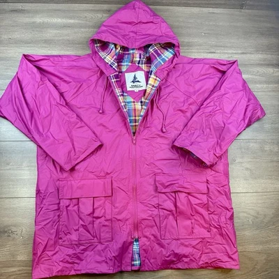 Vtg Misty Harbor Slicker Hooded Rain Coat Jacket Women's 1X Plus Pink Plaid - Image 1 of 4