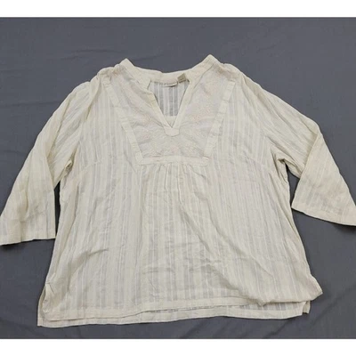 St Johns Bay Blouse Womens Plus 2X 3/4 Sleeve Pullover V Neck Striped Beige * - Image 1 of 4