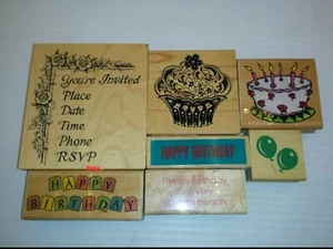 ASST BIRTHDAY RUBBER STAMPS: HAPPY BIRTHDAY, BALLOON, CAKE, INVITATION, LOT OF 7 - Picture 1 of 5