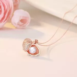 Ladies White Pearl Necklace Jewellery Pendant Rose Golden Shell Chain for Girls  - Picture 1 of 2