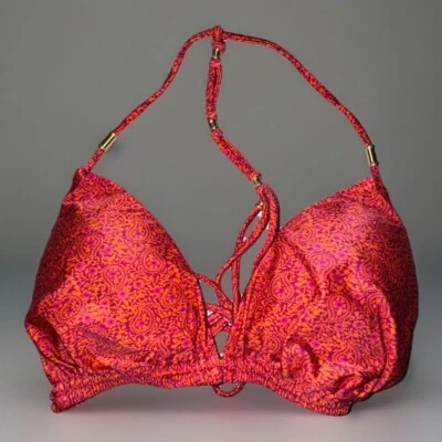 VIX Paula Hermanny Bikini Top Sz D Miramas Beaded T-Back Magenta Orange Paisley - Image 1 of 4