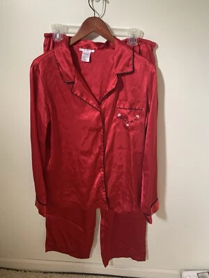 Conjunto de pijama de satén vintage rosa de KMart de 2 piezas para mujer grande bolsillo bordado rojo Foto 1 de 4