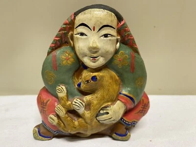 Antique Buddhist JAMBHALA God Of Wealth Clay Pottery Statue Hand Painted SIGNED - Image 1 of 4