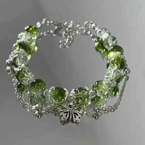 Green Sparkle Silver Charm Glass Beaded Charm Bracelet 7" w/Extender Butterfly - Picture 1 of 5