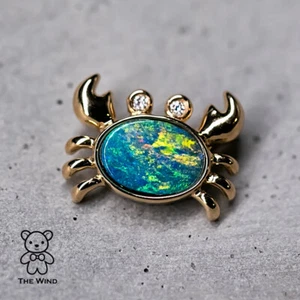 Adorable Crab Pendant ONLY Australian Opal & Diamond Eyes 14K Gold Cancer Zodiac - Picture 1 of 12