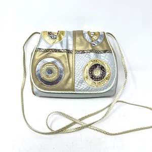 Vintage Sharif hellbraun silber metallic Leder Patchwork Schulter Crossbody Handtasche - Bild 1 von 7