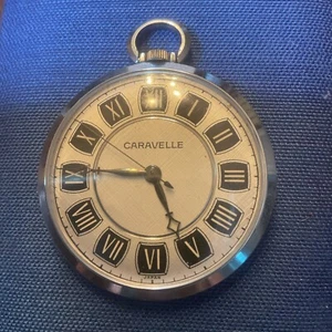 Vintage Caravelle Pocket Watch Silver Tone Mechanical Wind Up 1960s Running - Picture 1 of 3