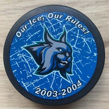 AUGUSTA LYNX ECHL HOCKEY PUCK 2003-04 "OUR ICE, OUR RULES!" WHITE ECHL LOGO