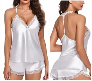 Avidlove White Satin Pajama Cami Set Sexy Lingerie Silky Sleepwear Size XXL - Picture 1 of 10