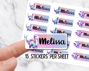 Individueller Name Pastell Dinosaurier Aufkleber - 15er Pack Etikettenbogen für Kinder Mädchen - Bild 1 von 5