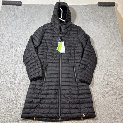全新带标签 Joules 夹克女式 US 2 黑色紧身长 Puffer 防雨连帽外套 — 第 1/4 张图片