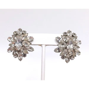 Clear Marquise and Teardrop Rhinestone Cluster Clip On Earrings - Picture 1 of 9