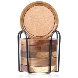 6PCS Wooden Cork Coasters for Drinks Absorbent with Holder Rustic Brown - Picture 1 of 7