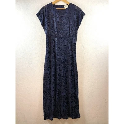 Maxi Vestido Vintage Para Mujer Terciopelo Burnout Talla S Azul Marino Transparente Imperio Floral Evento EE. UU. Foto 1 de 4