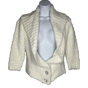 Vintage Y2K Bebe Elfenbein Crop Schalkragen Fuzzy Grobstrick Bolero Jacke Gr. M - Bild 1 von 8