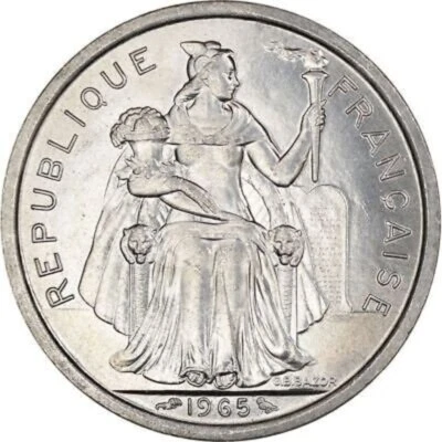 1965 FRENCH POLYNESIA 2 FRANCS.  RARE ALUMINUM COIN!  HELLO! - Image 1 of 2