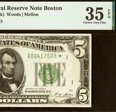 1928A $5 FRN Boston PMG 35EPQ - 2nd Highest Graded Star - Fr 1951-A* - Image 1 of 4