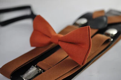 Pajarita de lino naranja quemado + tirantes elásticos marrón tostado tirantes Foto 1 de 4