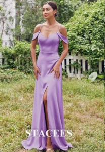 A-line V Neck Sleeveless Floor-Length Stretch Satin Bridesmaid Dress with Split - Picture 1 of 9