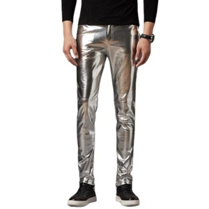 Men Faux Leather Pants Stretch Shiny Slim Wet Look Leggings Skinny Trousers Fit - Picture 1 of 15