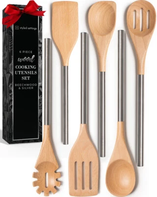 Wood Cooking Utensils Set with Stainless Steel Handles – 6-PC Durable Wooden Ute - Image 1 of 4