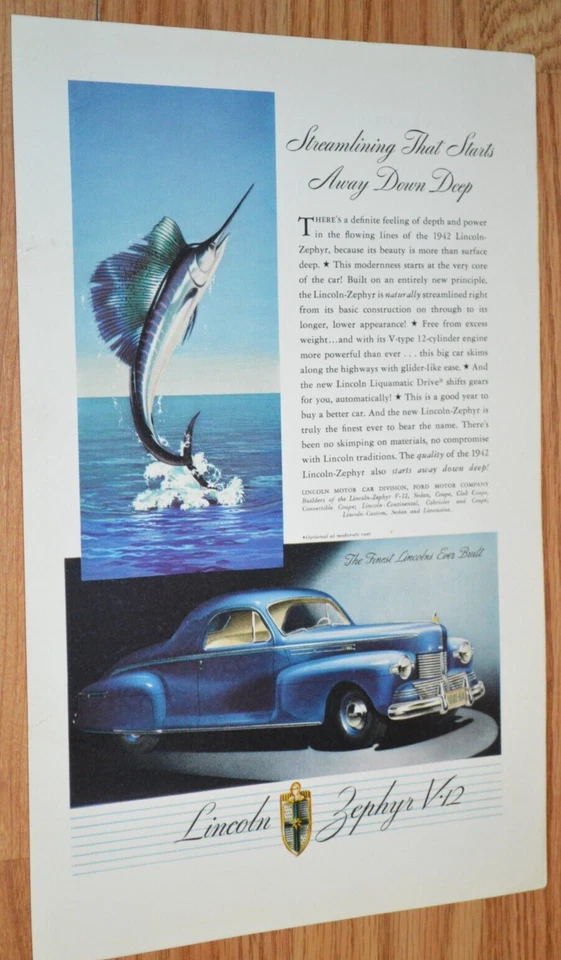 Lincoln Zephyr 1942 original vintage publicidad impresa anuncio-42 Foto 1 de 1