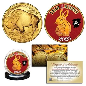 2023 Lunar New YEAR OF RABBIT 24K Gold Clad $50 American Buffalo Tribute Coin - Picture 1 of 1