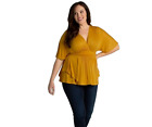 Kiyonna Top 2X Promenade Style Yellow Flutter Sleeves Draped Colorful