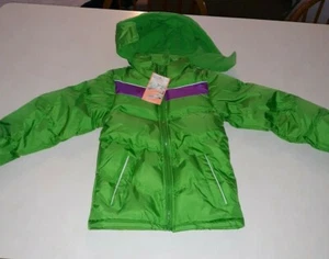 Girls Winter Coat DARK LIME GREEN w/ PURPLE STRIPE Fleece Lined HOODED Sz 7 / 7T - Picture 1 of 6