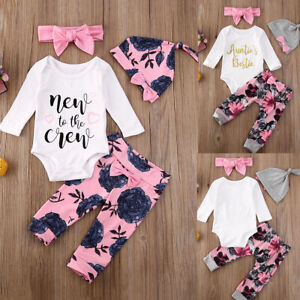 Infant Newborn Baby Girl Romper Tops Jumpsuit Pants Headband Outfits Clothes Set