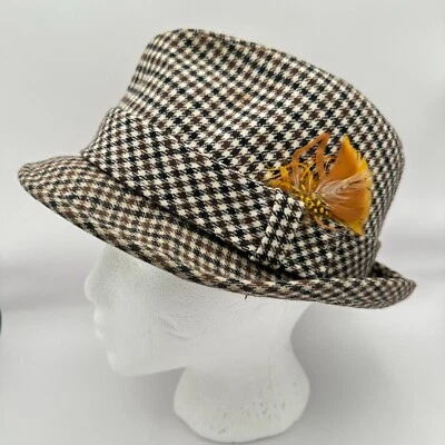 Chapéu Fedora Pendleton Antigo 7 1/8 Marrom Preto Marfim Houndstooth Pena de Lã Virgem - Imagem 1 de 4