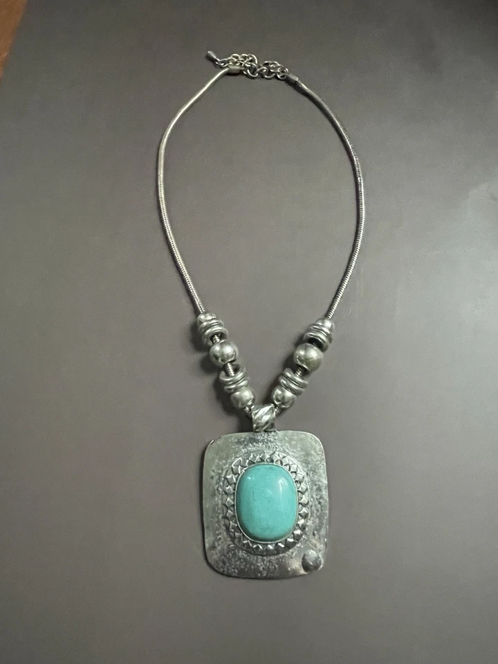 Collar Plata Turquesa Tono Cuadrado Colgante Tono Plata Cadena Joyería Foto 1 de 4