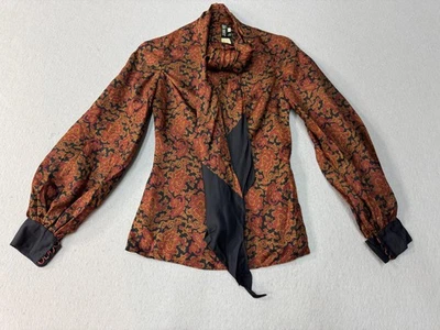 Vintage Jean Muir Blouse Womens 10 Black Paisley Silk Pussy-Bow Made England 70s - Image 1 of 4