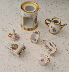 LIMOGES FRANCE PORCELAIN Miniature x7 bundle doll’s house Piano ~ Candle ~Chairs - Picture 1 of 10