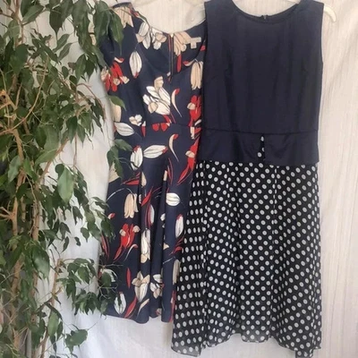 DRESS BARN 50s style Sz M floral & unbranded navy white peplum polka dot dresses - Image 1 of 4