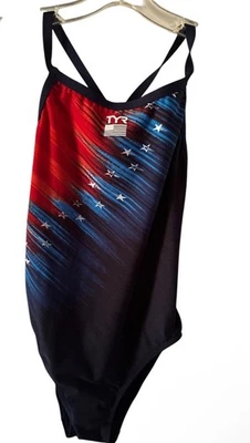 NWT Women's 36 Large TYR Valiance Swimsuit Navy Red Stars USA - Image 1 of 3