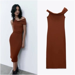 ZARA Midikleid mit asymmetrischem Ausschnitt in Braun - Bild 1 von 5