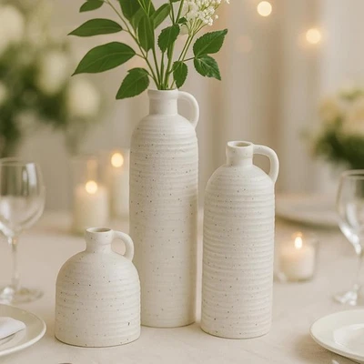 White Ceramic Vase Set of 3 with Handle – Ribbed and Dotted Jug Vases for Rust - Image 1 of 4