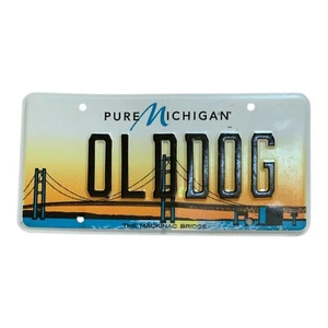 GRAPHIC MACKINAC BRIDGE VANITY LICENSE PLATE " OLD DOG " NEW TRICKS CANINE DOGS - Afbeelding 1 van 1