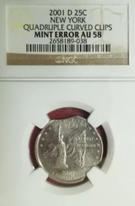 2001-D QUADRUPLE CURVED CLIPS ERROR NEW YORK STATE QUARTER NGC AU-58! - Picture 1 of 3