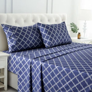 Bed Sheet Set 4 Piece Printed Deep Pocket Luxury Brushed Microfiber Sheets - Picture 1 of 56