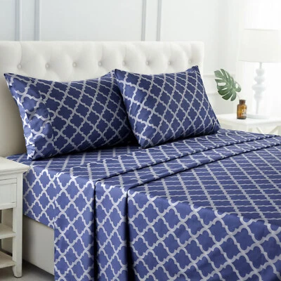 Bed Sheet Set 4 Piece Printed Deep Pocket Luxury Brushed Microfiber Sheets - Image 1 of 4