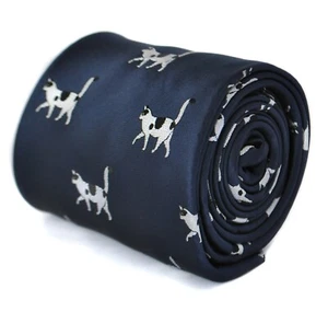 Frederick Thomas Designer Mens Tie - Dark Navy Blue - Black & White Cat design - Picture 1 of 4