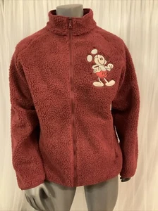 Disney Mickey Mouse Sherpa Fleece Zip Up Maroon Jacket Mousewear Embroidered - Picture 1 of 16