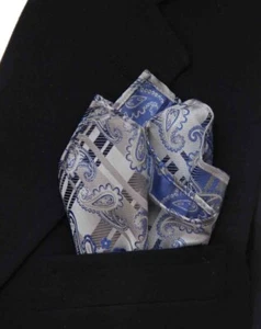 Gascoigne Pocket Square Blue Gray Black Paisley + Stripes Men's - Picture 1 of 3